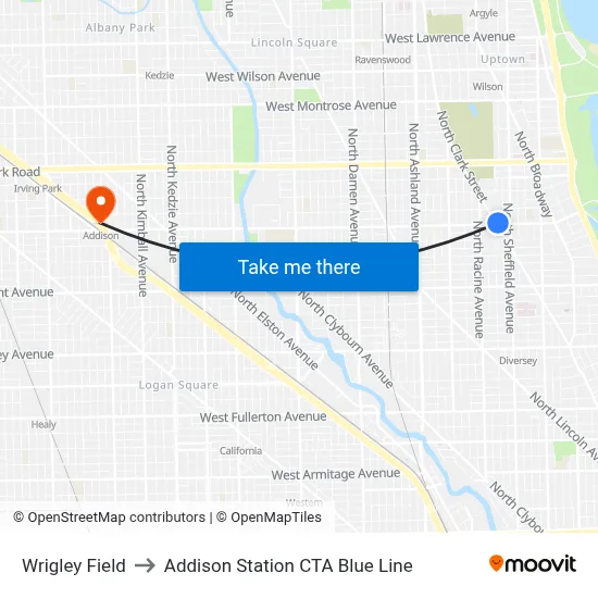 Wrigley Field to Addison Station CTA Blue Line map