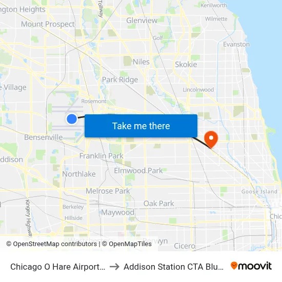 Chicago O Hare Airport ORD to Addison Station CTA Blue Line map