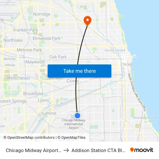 Chicago Midway Airport MDW to Addison Station CTA Blue Line map
