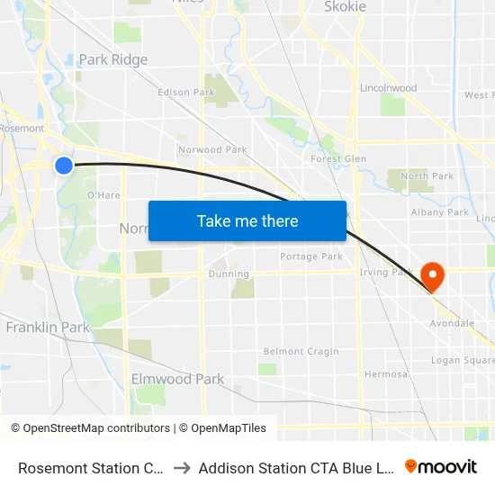 Rosemont Station CTA to Addison Station CTA Blue Line map