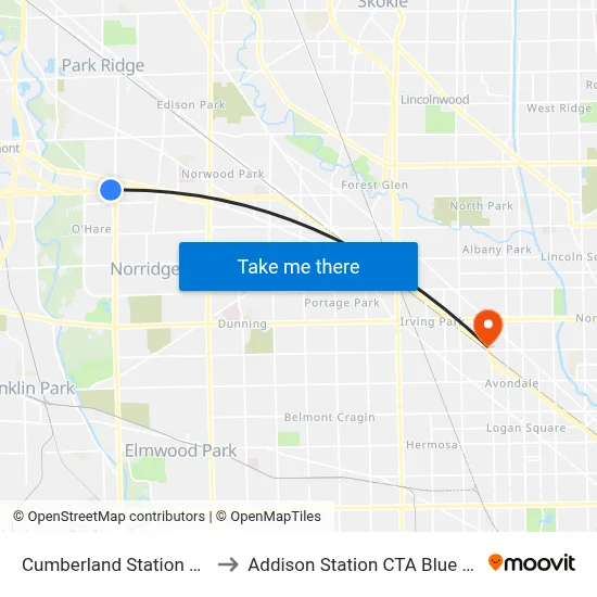 Cumberland Station CTA to Addison Station CTA Blue Line map