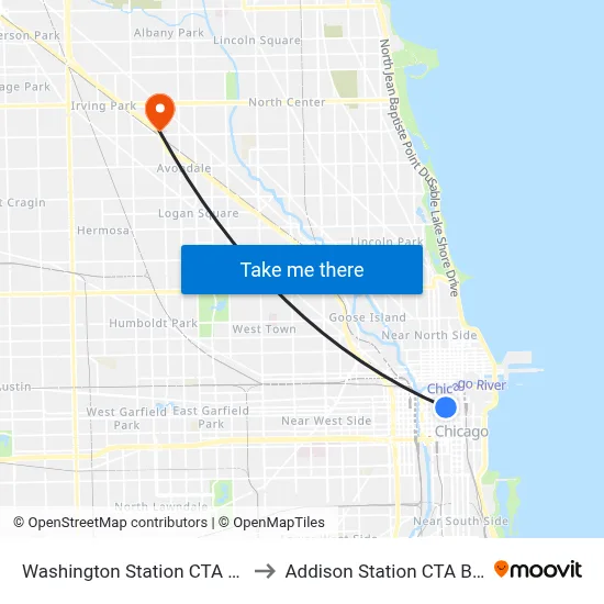 Washington Station CTA Blue Line to Addison Station CTA Blue Line map