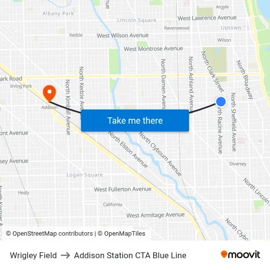 Wrigley Field to Addison Station CTA Blue Line map