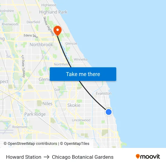 Howard Station to Chicago Botanical Gardens map