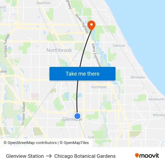 Glenview Station to Chicago Botanical Gardens map