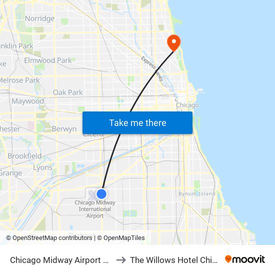 Chicago Midway Airport MDW to The Willows Hotel Chicago map
