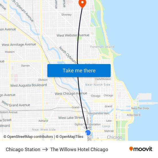 Chicago Station to The Willows Hotel Chicago map