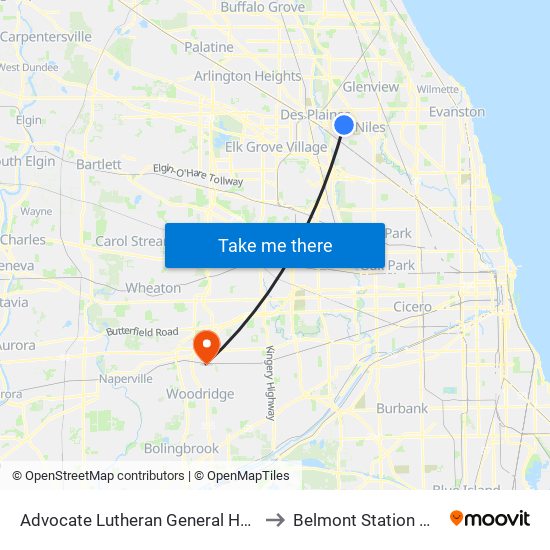 Advocate Lutheran General Hospital to Belmont Station Metra map