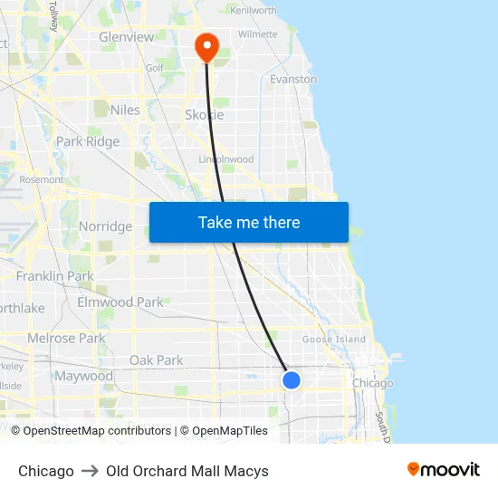 Chicago to Old Orchard Mall Macys map