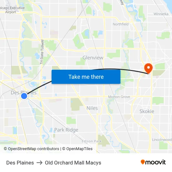 Des Plaines to Old Orchard Mall Macys map