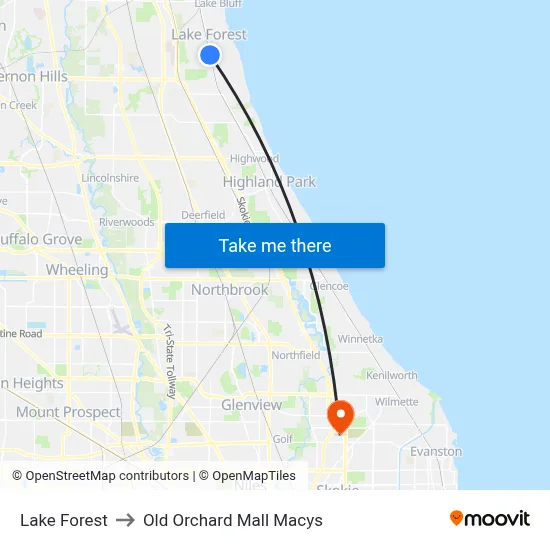 Lake Forest to Old Orchard Mall Macys map