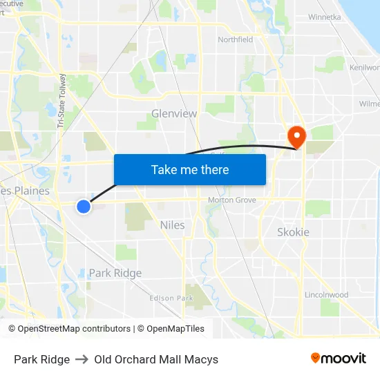 Park Ridge to Old Orchard Mall Macys map