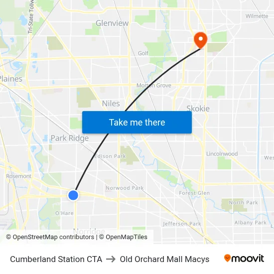 Cumberland Station CTA to Old Orchard Mall Macys map