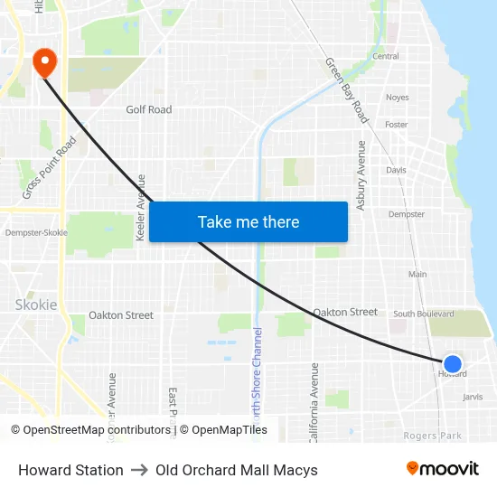 Howard Station to Old Orchard Mall Macys map