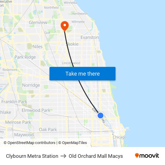 Clybourn Metra Station to Old Orchard Mall Macys map