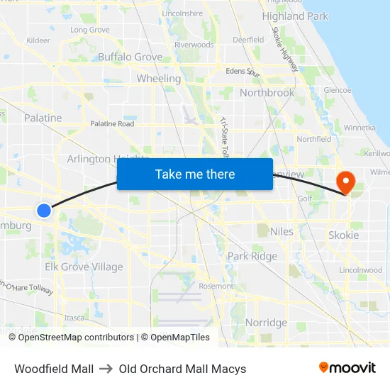 Woodfield Mall to Old Orchard Mall Macys map