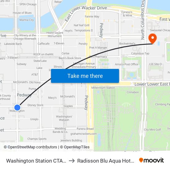 Washington Station CTA Blue Line to Radisson Blu Aqua Hotel Chicago map