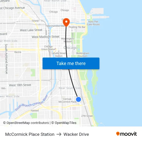McCormick Place Station to Wacker Drive map