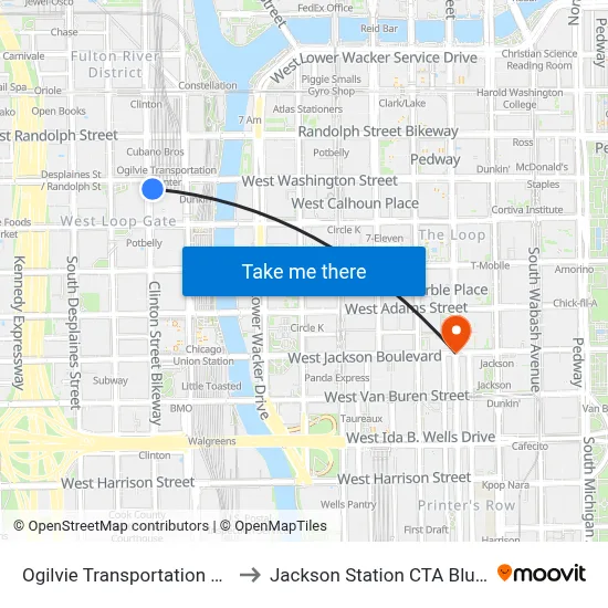 Ogilvie Transportation Center to Jackson Station CTA Blue Line map