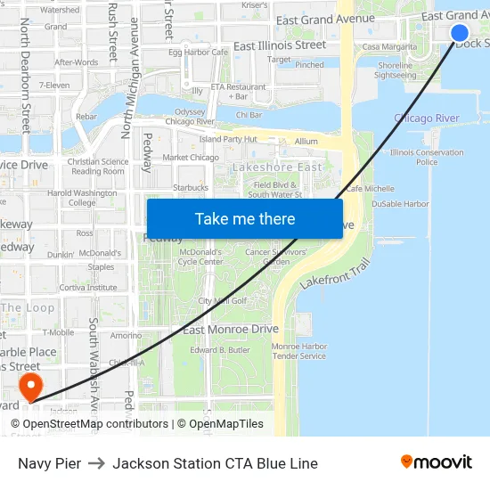 Navy Pier to Jackson Station CTA Blue Line map