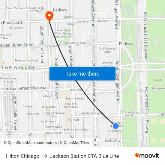 Hilton Chicago to Jackson Station CTA Blue Line map