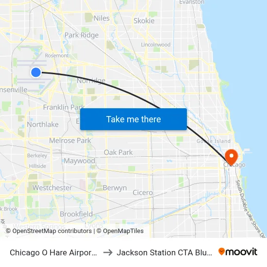 Chicago O Hare Airport ORD to Jackson Station CTA Blue Line map