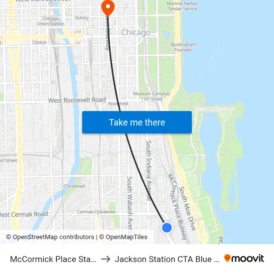 McCormick Place Station to Jackson Station CTA Blue Line map