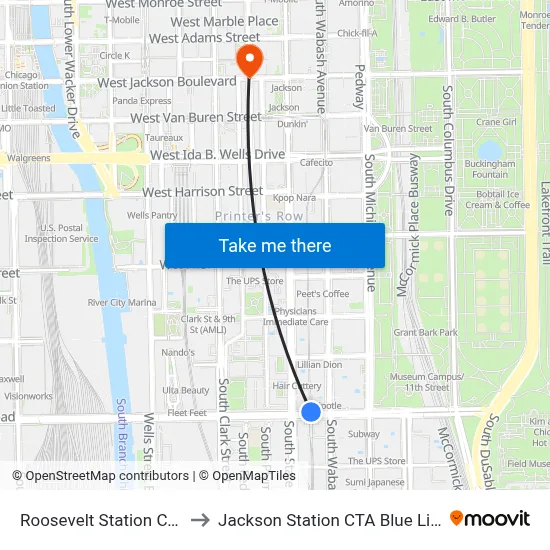 Roosevelt Station CTA to Jackson Station CTA Blue Line map
