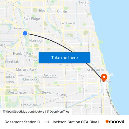 Rosemont Station CTA to Jackson Station CTA Blue Line map