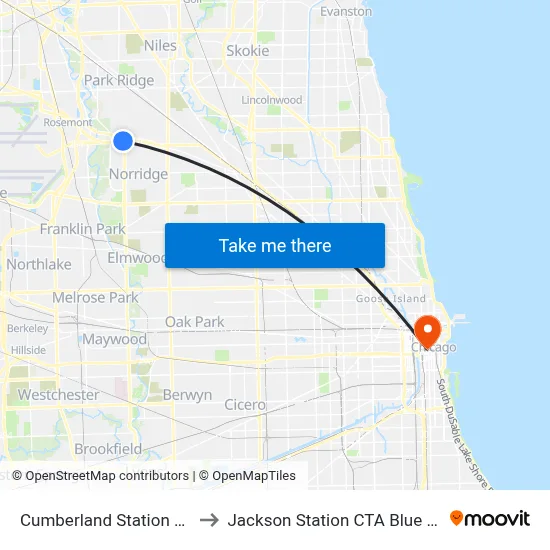 Cumberland Station CTA to Jackson Station CTA Blue Line map