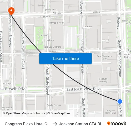 Congress Plaza Hotel Chicago to Jackson Station CTA Blue Line map