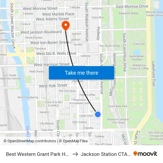 Best Western Grant Park Hotel Chicago to Jackson Station CTA Blue Line map