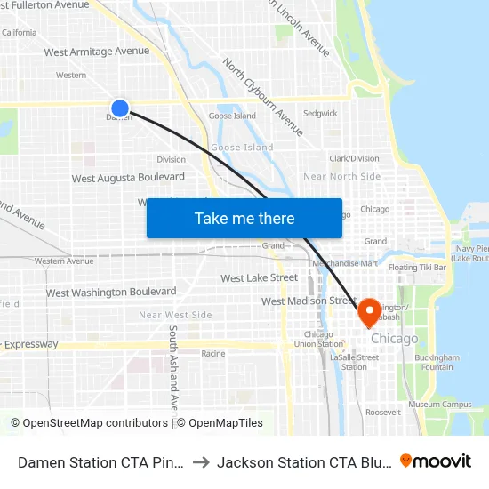 Damen Station CTA Pink Line to Jackson Station CTA Blue Line map