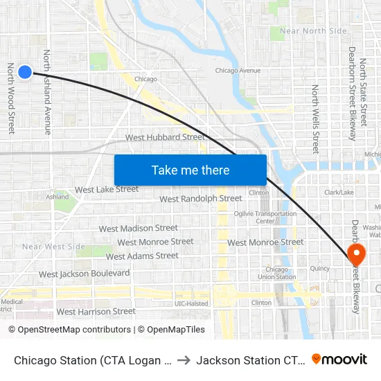 Chicago Station (CTA Logan Square branch) to Jackson Station CTA Blue Line map
