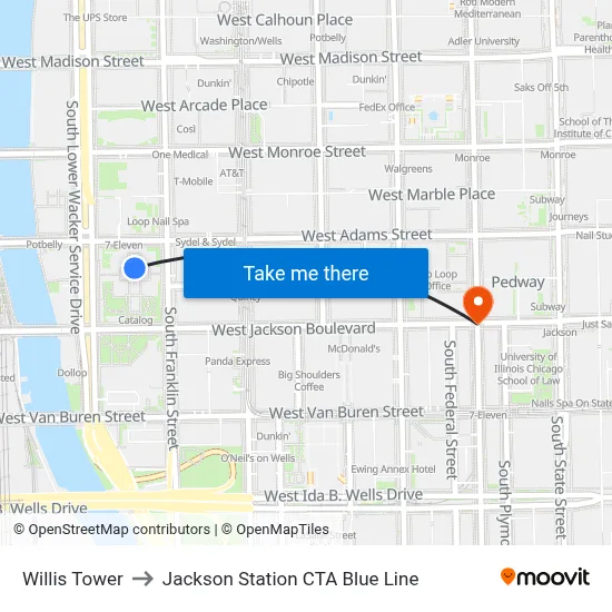 Willis Tower to Jackson Station CTA Blue Line map