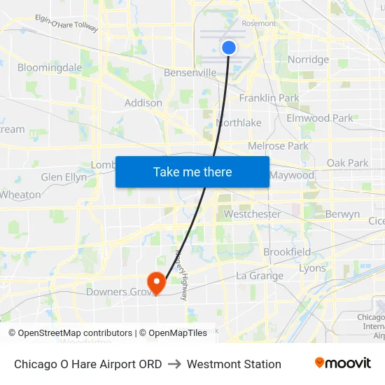 Chicago O Hare Airport ORD to Westmont Station map