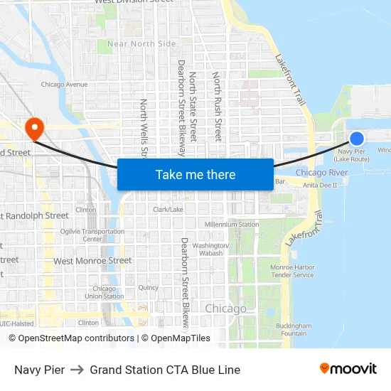 Navy Pier to Grand Station CTA Blue Line map