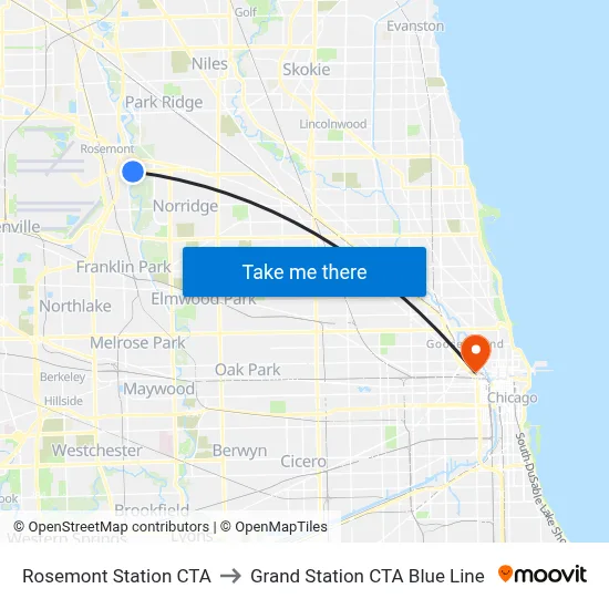 Rosemont Station CTA to Grand Station CTA Blue Line map