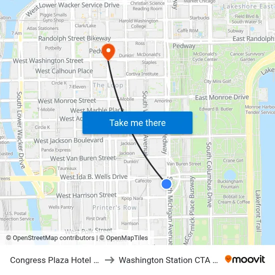 Congress Plaza Hotel Chicago to Washington Station CTA Blue Line map