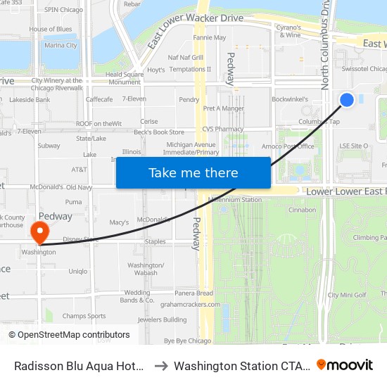 Radisson Blu Aqua Hotel Chicago to Washington Station CTA Blue Line map
