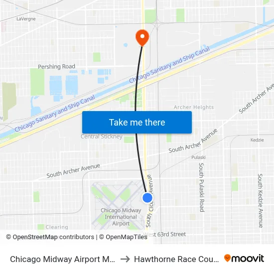 Chicago Midway Airport MDW to Hawthorne Race Course map