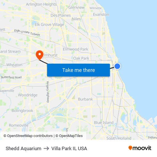 Shedd Aquarium to Villa Park IL USA map