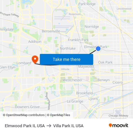 Elmwood Park IL USA to Villa Park IL USA map