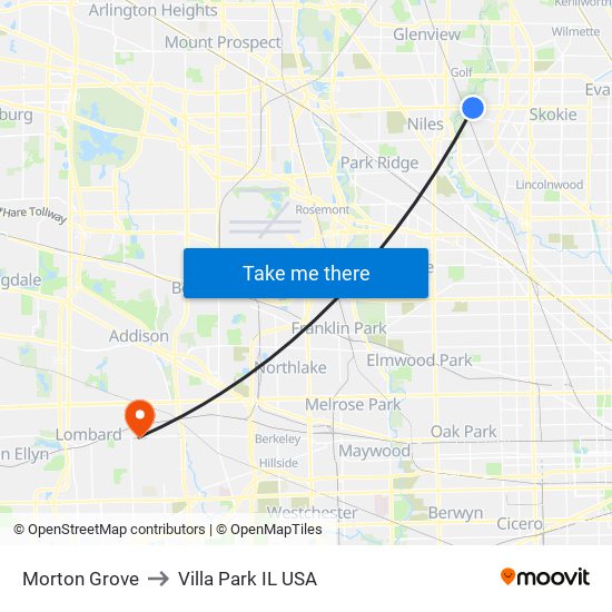 Morton Grove to Villa Park IL USA map