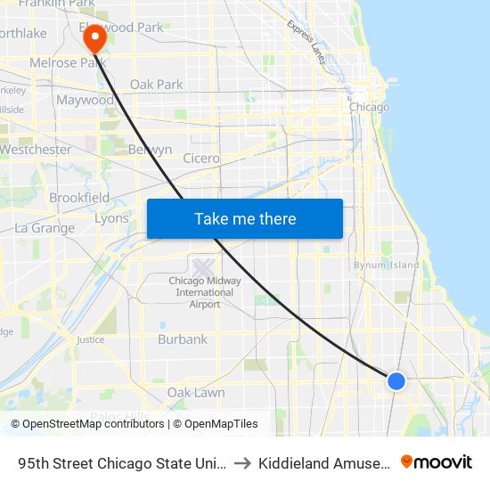 95th Street Chicago State University Station to Kiddieland Amusement Park map