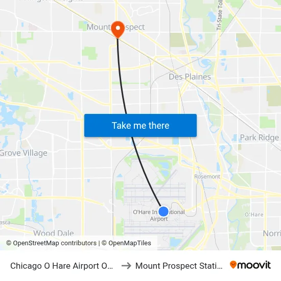 Chicago O Hare Airport ORD to Mount Prospect Station map