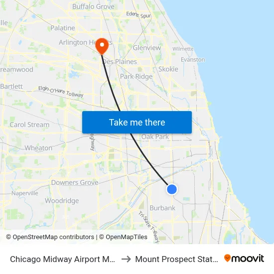 Chicago Midway Airport MDW to Mount Prospect Station map