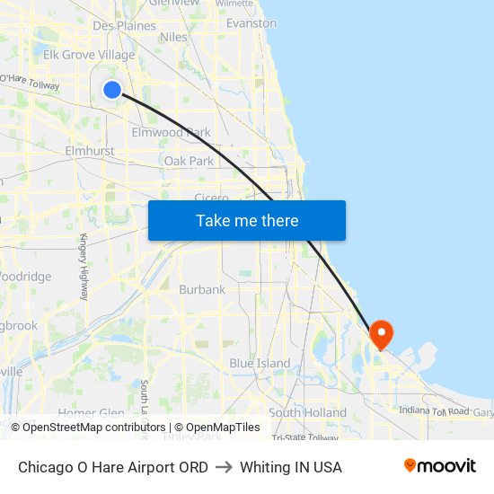 Chicago O Hare Airport ORD to Whiting IN USA map