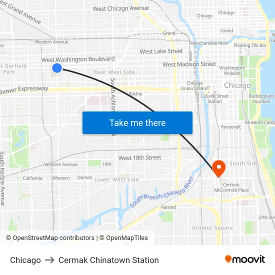 Chicago to Cermak Chinatown Station map