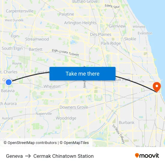 Geneva to Cermak Chinatown Station map